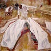 people covered in white cloth on a strecher